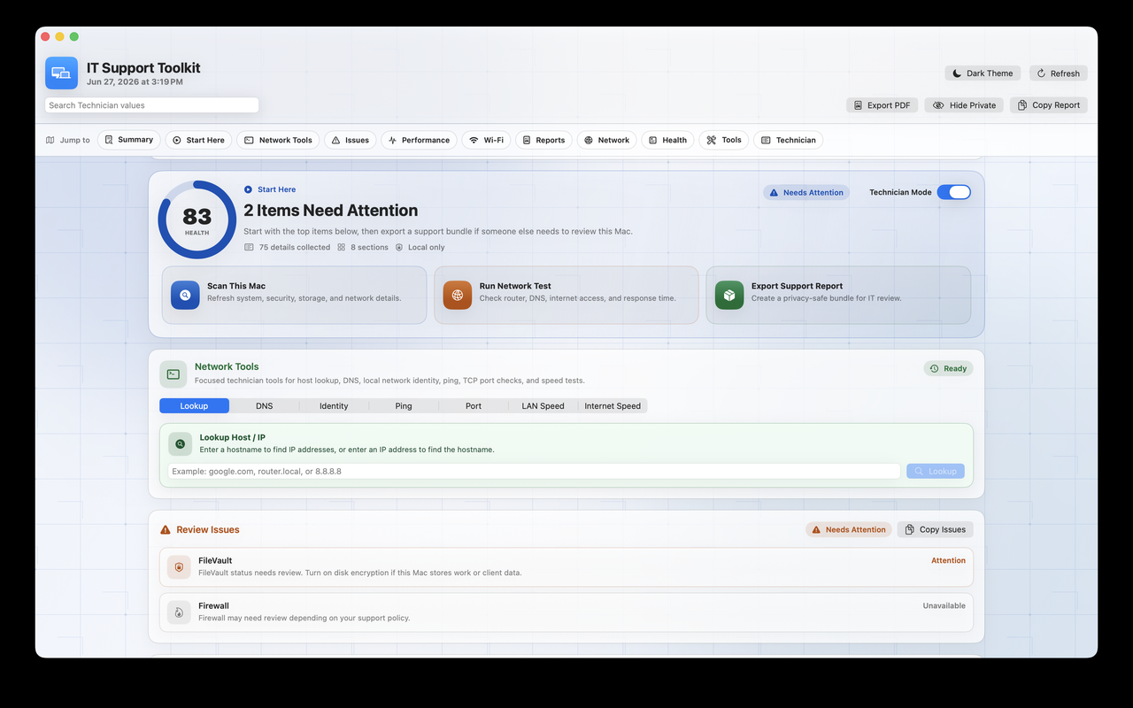 IT Support Toolkit light dashboard screenshot